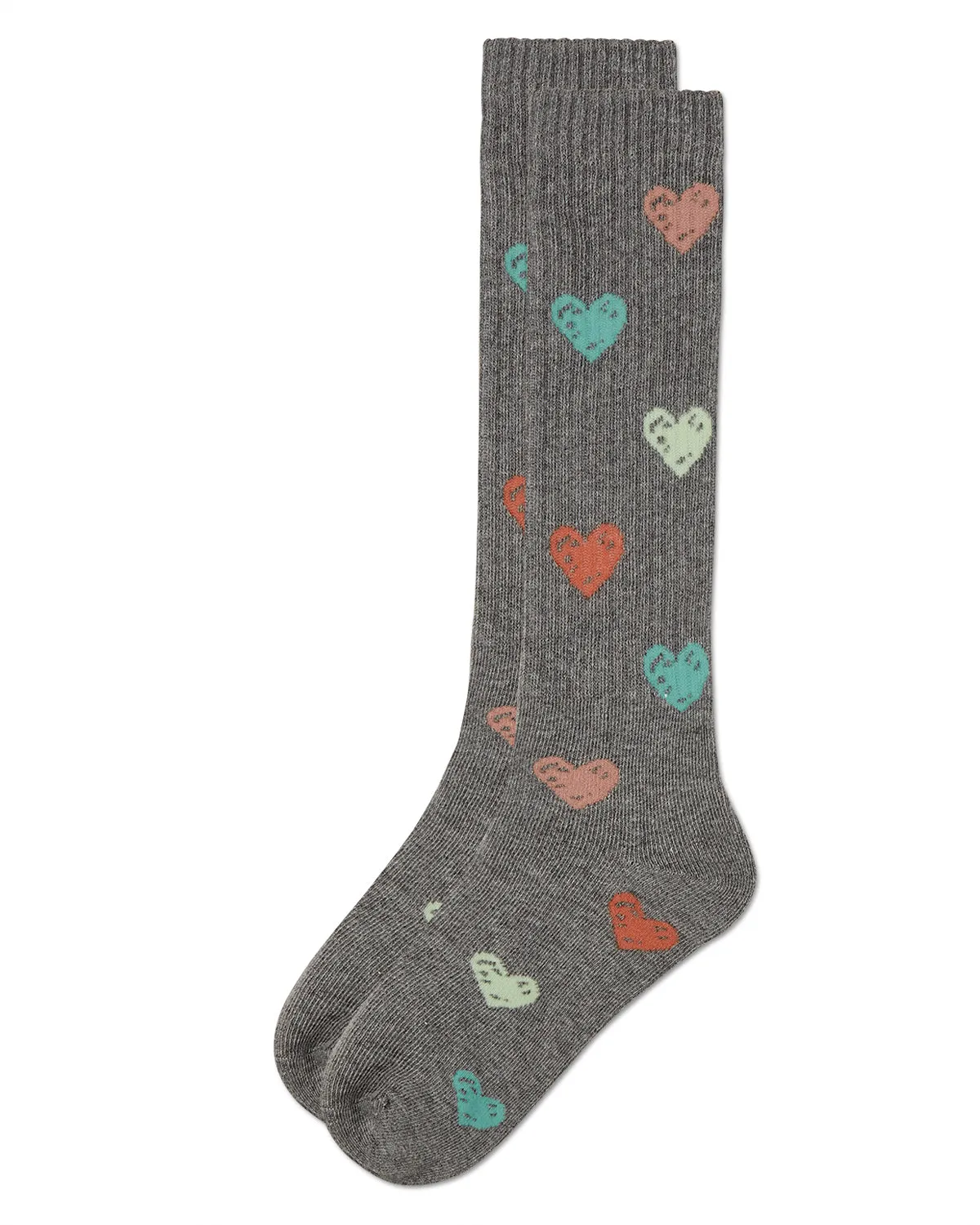 Girls Ribbed Cotton Blend "Multi Graffiti Hearts" Knee Sock