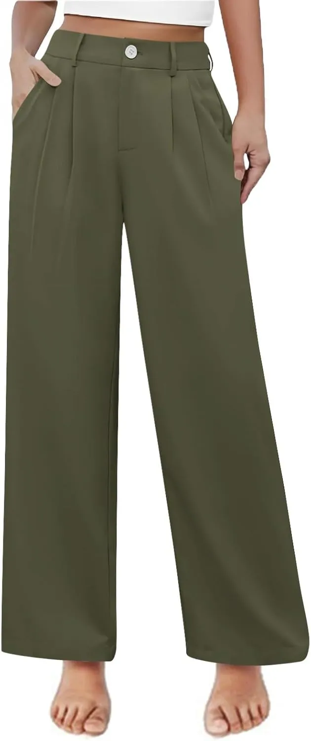 Girls School Uniform Long Pants Preppy Buttons High Waist Baggy Wide Leg Trousers Teen Formal Casual Dress Pants