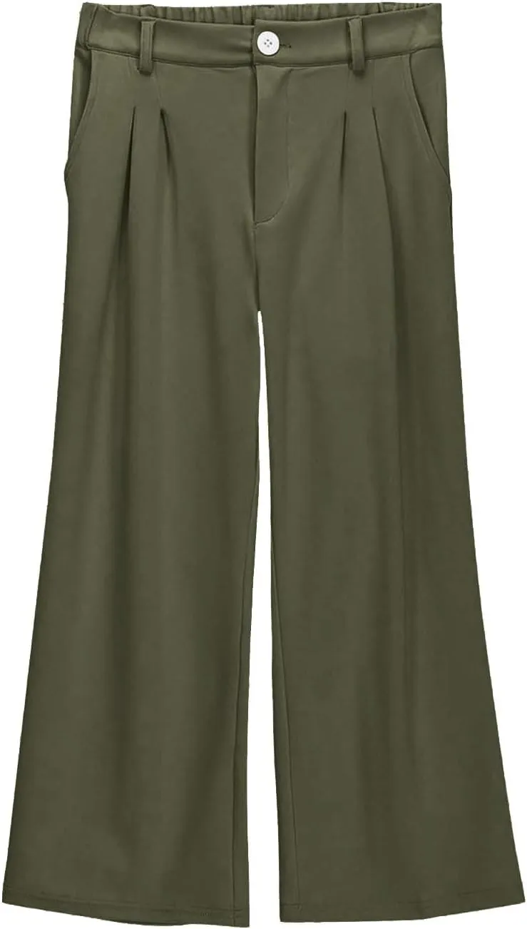 Girls School Uniform Long Pants Preppy Buttons High Waist Baggy Wide Leg Trousers Teen Formal Casual Dress Pants