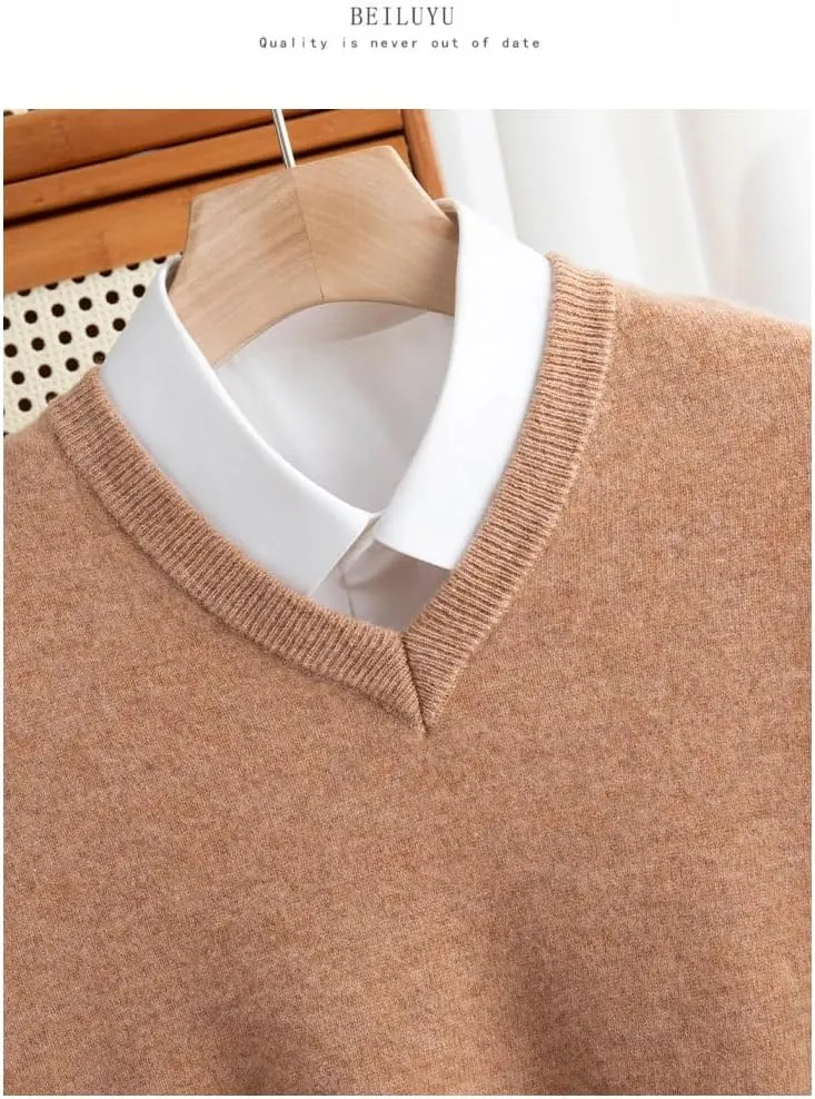 Hamthuit Men's Wool V-Neck Pullover Warm Solid Color Sweater Business Base Shirt Soft Slim Sweater