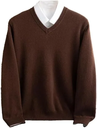 Hamthuit Men's Wool V-Neck Pullover Warm Solid Color Sweater Business Base Shirt Soft Slim Sweater