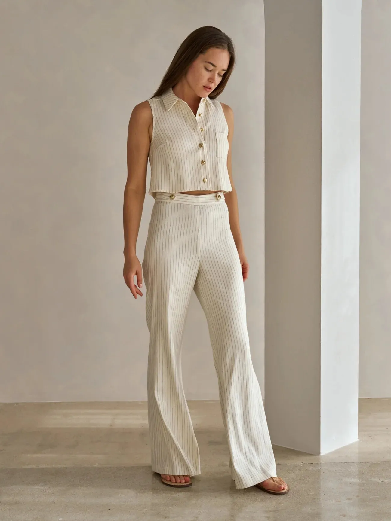 He078 High Rise Flare Linen Pant