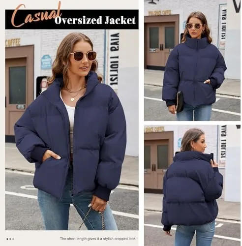 HEEKPEK Puffer Jacket Womens 2024 Winter Coats Cropped Long Sleeve Zip Puffy Quilted Jackets Stand Collar Baggy Short Coat