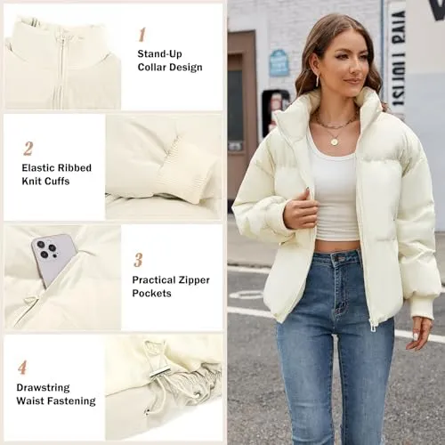 HEEKPEK Puffer Jacket Womens 2024 Winter Coats Cropped Long Sleeve Zip Puffy Quilted Jackets Stand Collar Baggy Short Coat