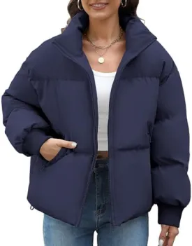 HEEKPEK Puffer Jacket Womens 2024 Winter Coats Cropped Long Sleeve Zip Puffy Quilted Jackets Stand Collar Baggy Short Coat