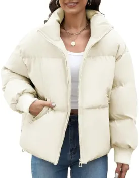 HEEKPEK Puffer Jacket Womens 2024 Winter Coats Cropped Long Sleeve Zip Puffy Quilted Jackets Stand Collar Baggy Short Coat