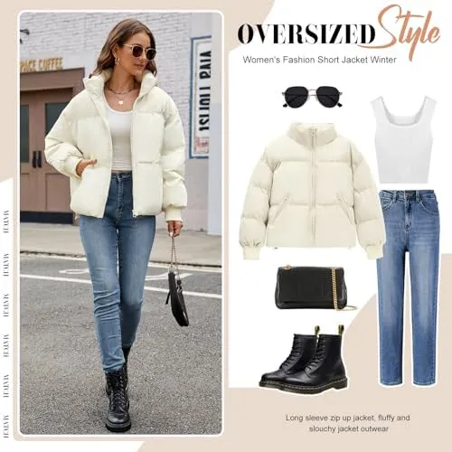 HEEKPEK Puffer Jacket Womens 2024 Winter Coats Cropped Long Sleeve Zip Puffy Quilted Jackets Stand Collar Baggy Short Coat