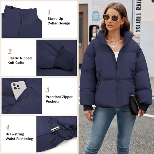 HEEKPEK Puffer Jacket Womens 2024 Winter Coats Cropped Long Sleeve Zip Puffy Quilted Jackets Stand Collar Baggy Short Coat