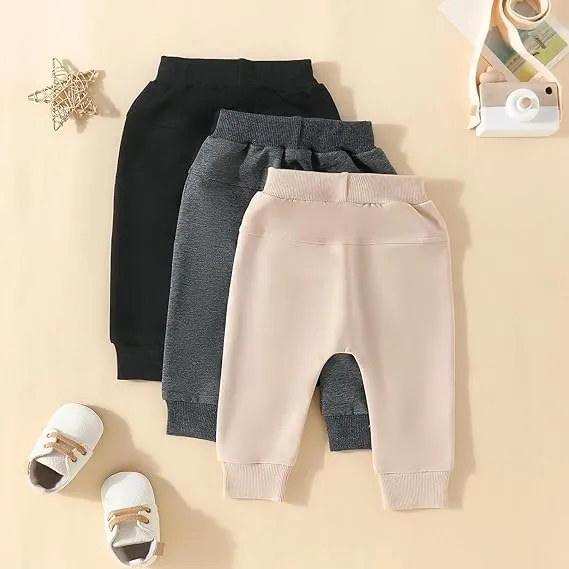 HIUARA Toddler Baby Boys Harem Pants 1/3-Pack Drawstring Pull-on Jogger Pants Kids Long Pants Elastic Waist Trousers Bottoms