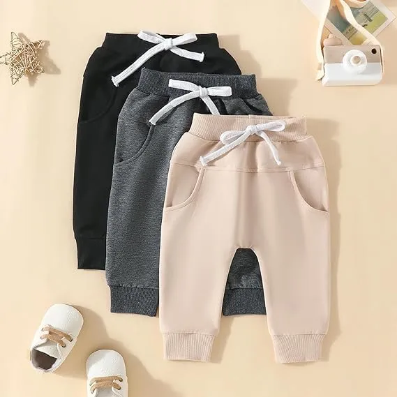 HIUARA Toddler Baby Boys Harem Pants 1/3-Pack Drawstring Pull-on Jogger Pants Kids Long Pants Elastic Waist Trousers Bottoms