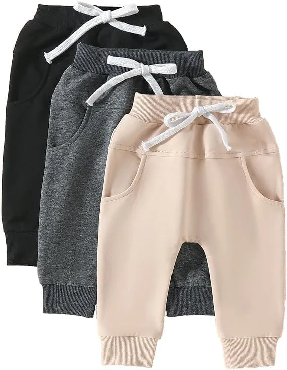 HIUARA Toddler Baby Boys Harem Pants 1/3-Pack Drawstring Pull-on Jogger Pants Kids Long Pants Elastic Waist Trousers Bottoms
