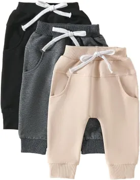 HIUARA Toddler Baby Boys Harem Pants 1/3-Pack Drawstring Pull-on Jogger Pants Kids Long Pants Elastic Waist Trousers Bottoms