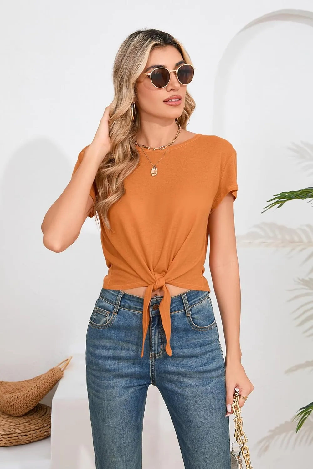 Iandroiy Women's Summer Causal Short Sleeve Blouse Round Neck Crop Tops Twist Front Tee T-Shirt