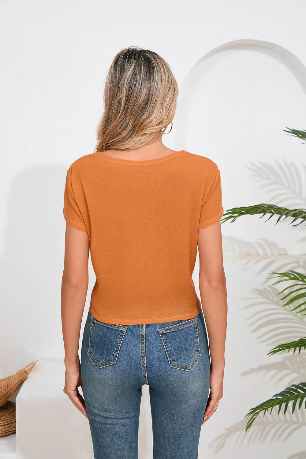 Iandroiy Women's Summer Causal Short Sleeve Blouse Round Neck Crop Tops Twist Front Tee T-Shirt