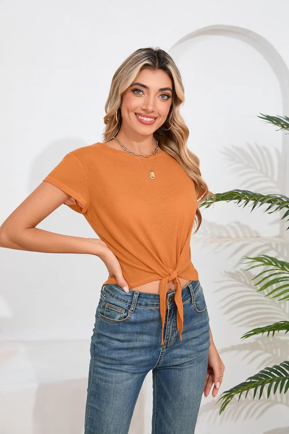 Iandroiy Women's Summer Causal Short Sleeve Blouse Round Neck Crop Tops Twist Front Tee T-Shirt