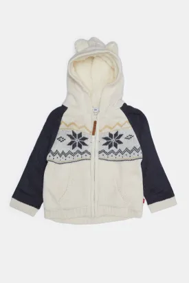 Infant Boys White And Navy Hoody Intarsia Sherpa Cardigan