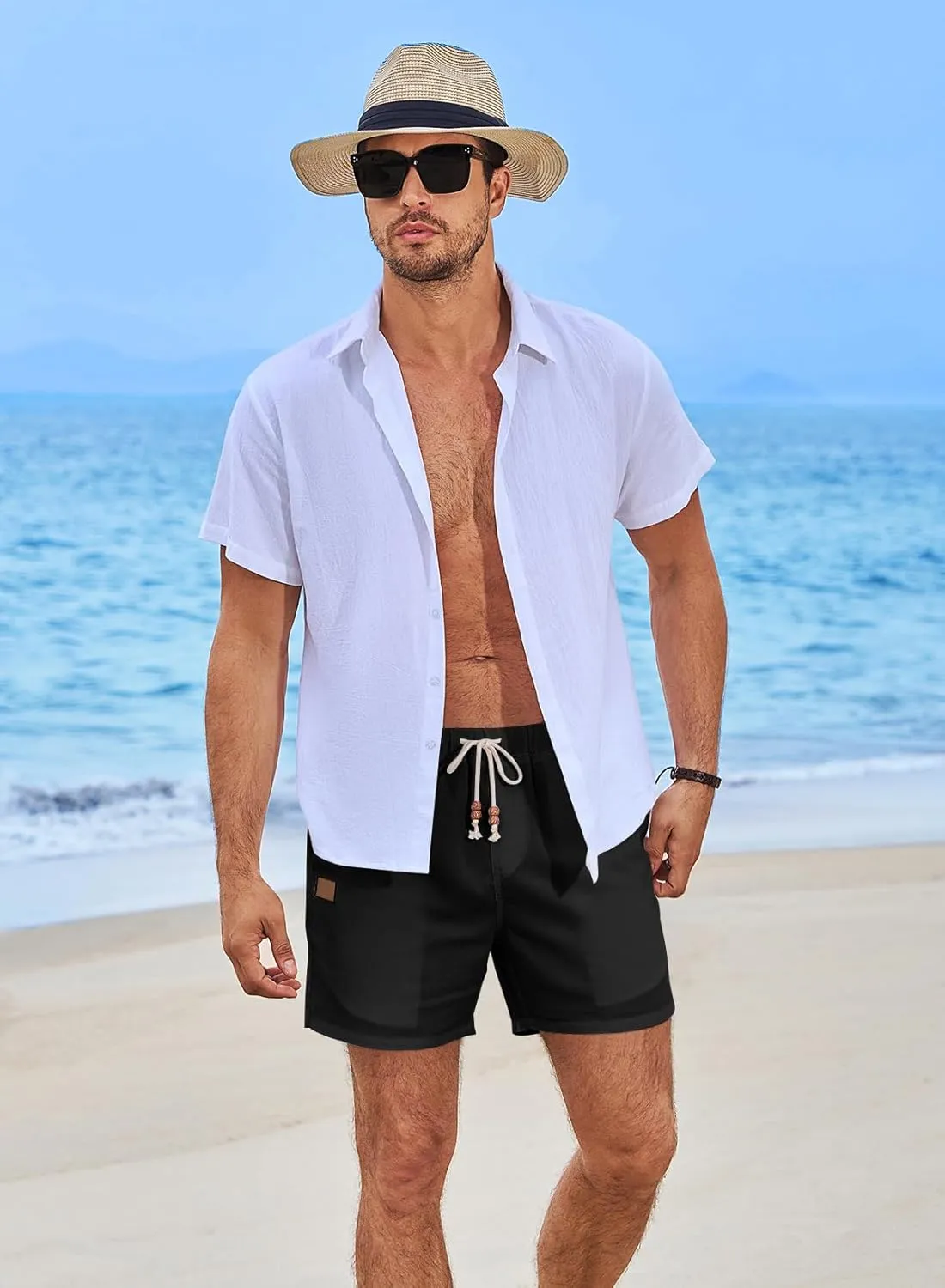 JMIERR Mens Casual 5"/ 7" Cotton Linen Shorts - Elastic Waist Drawstring Summer Beach Shorts with Pockets