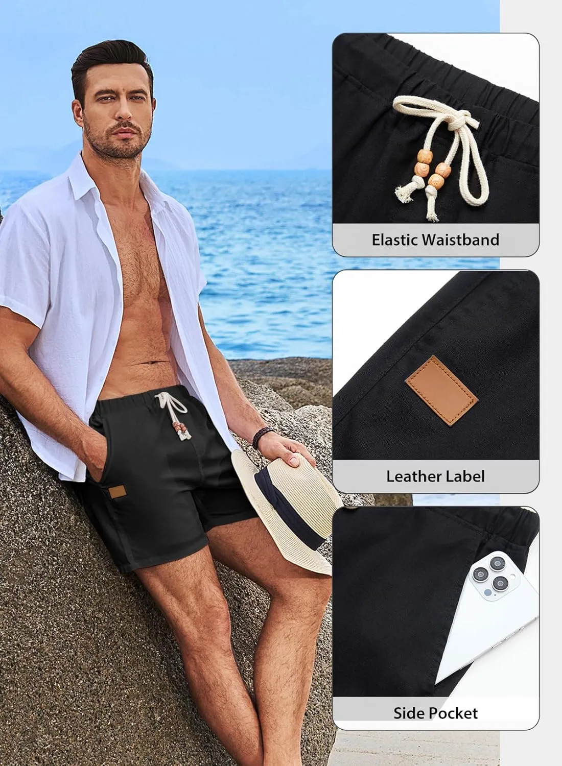JMIERR Mens Casual 5"/ 7" Cotton Linen Shorts - Elastic Waist Drawstring Summer Beach Shorts with Pockets