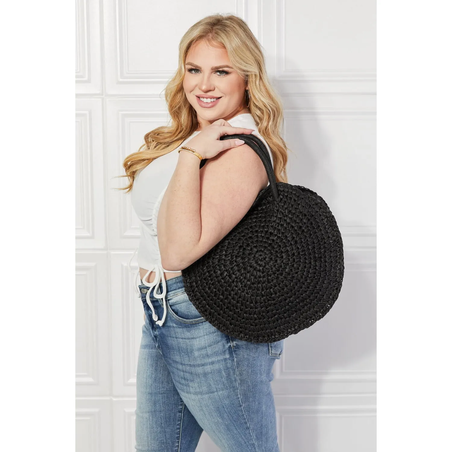 JUSTIN TAYLOR Beach Date Straw Rattan Handbag in Black