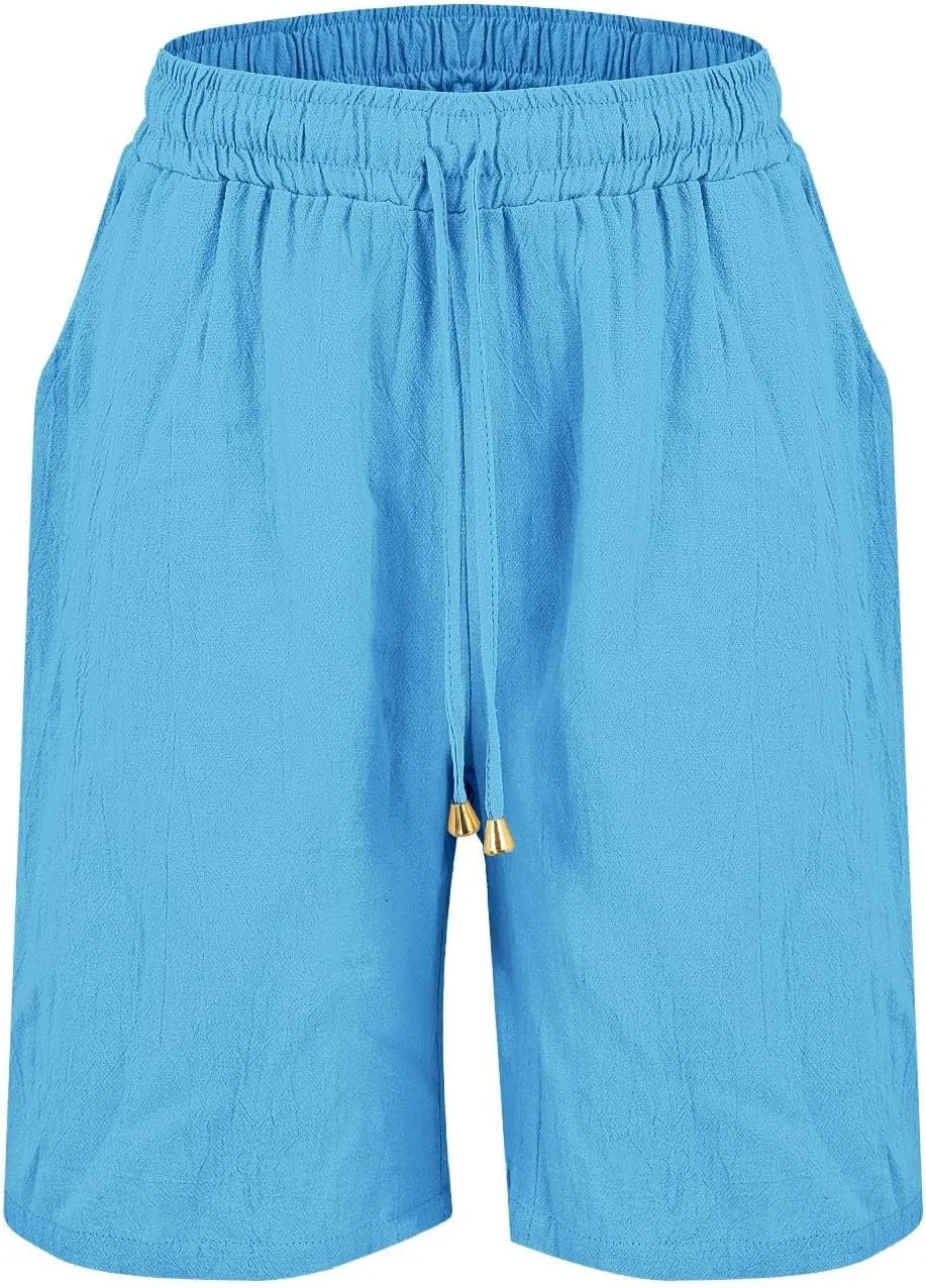 Linen Shorts for Womens High Waisted Drawstring Bermuda Shorts Summer Casual Plus Size Soft Beach Short with Pockets