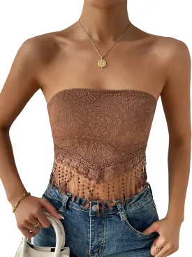 MakeMeChic Women's Boho Crop Tube Top Floral Tie Back Cute Bandana Tops