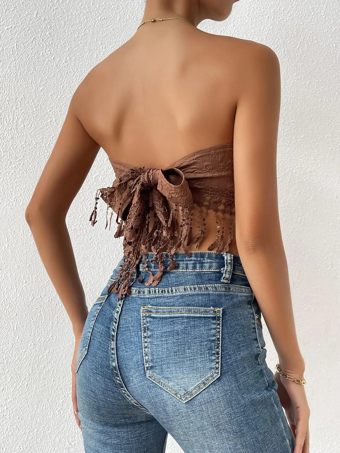 MakeMeChic Women's Boho Crop Tube Top Floral Tie Back Cute Bandana Tops