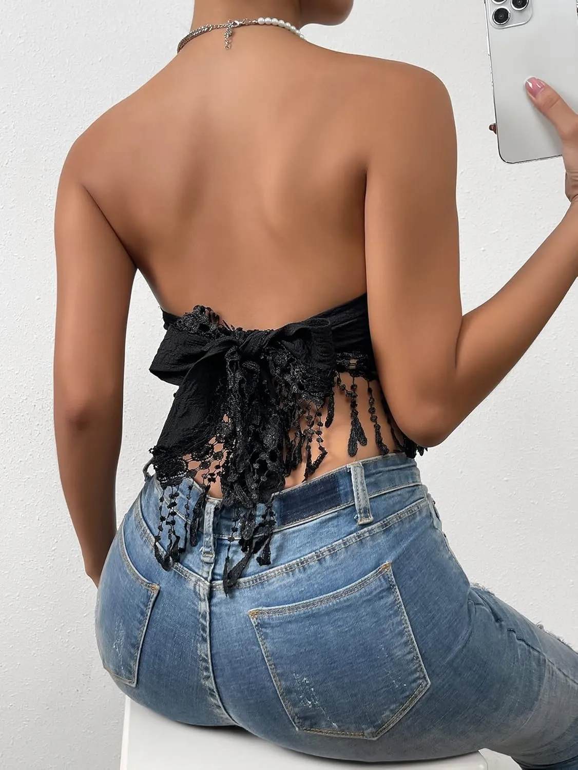 MakeMeChic Women's Boho Crop Tube Top Floral Tie Back Cute Bandana Tops