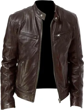 Men Slim Fit Motorcyle Leather Jacket Zip-Up Windbreaker Leather Jackets Lightweight PU Vintage Biker Coat