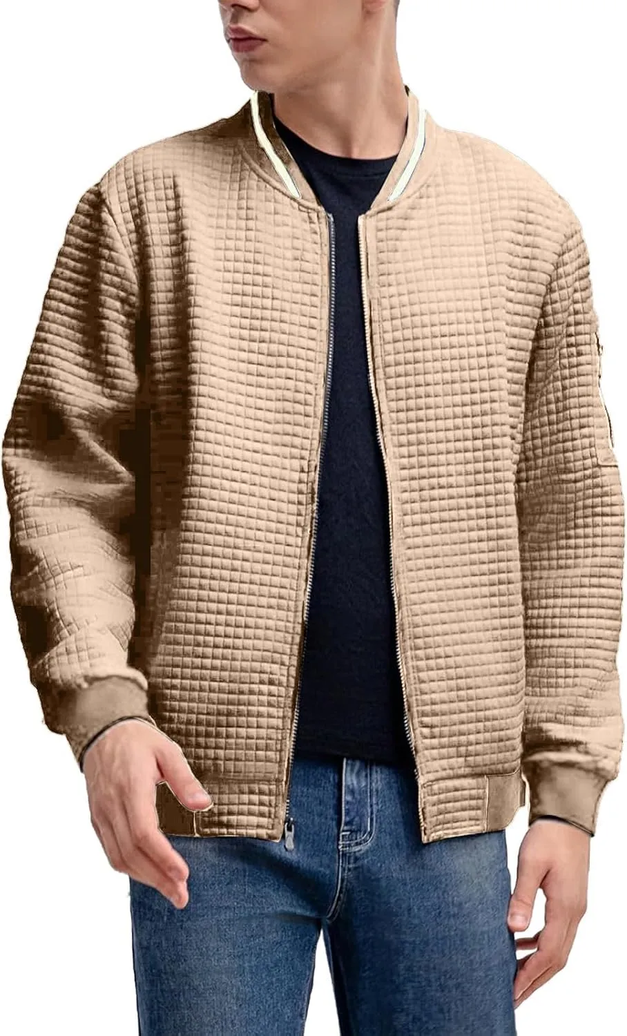 Mens Lightweight Bomber Jackets Casual Waffle Zip Up Fashion Varsity Jacket Plus Size Running Hiking Travel Coat Top