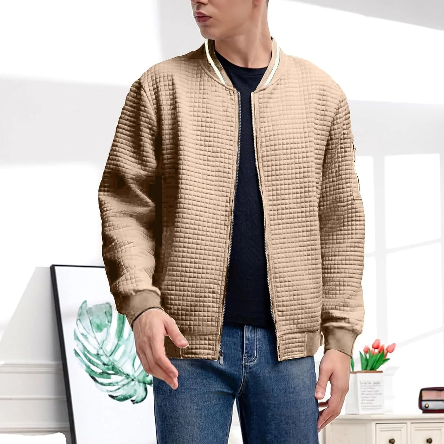 Mens Lightweight Bomber Jackets Casual Waffle Zip Up Fashion Varsity Jacket Plus Size Running Hiking Travel Coat Top