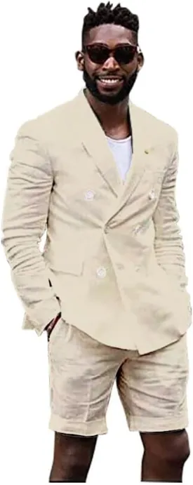 Mens Linen Cotton Shorts Suit Casual Grooms Beach Wedding Slim Fit Tuxedo Suit Blazer & Shorts Set