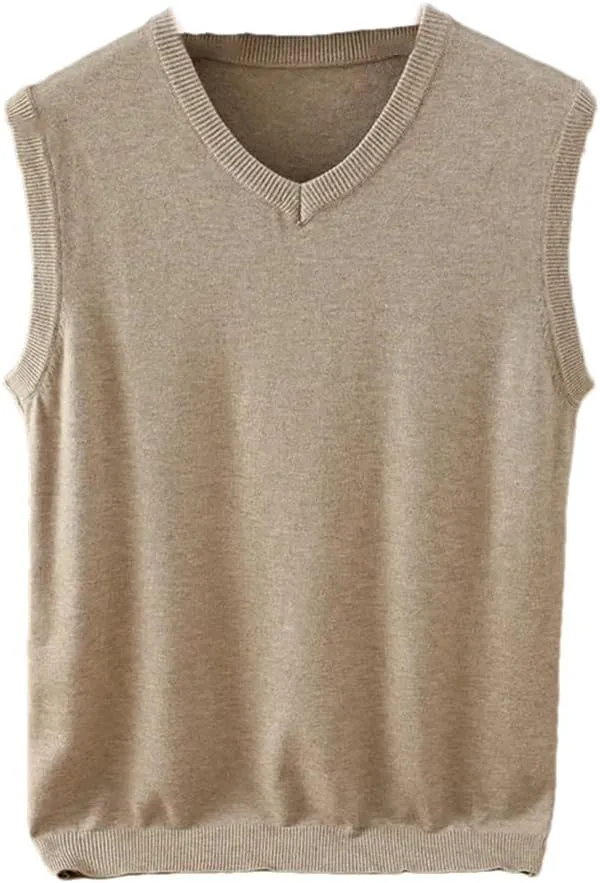 Men's Wool Knitted Vest V-Neck Solid Color Soft Warm Vest Sweater Sleeveless Pullover Sweater