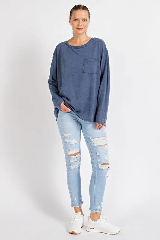 Mineral Washed Round Neckline Long Sleeves Top