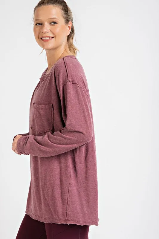 Mineral Washed Round Neckline Long Sleeves Top