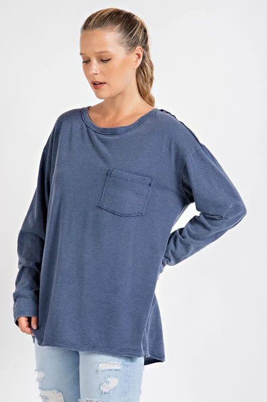 Mineral Washed Round Neckline Long Sleeves Top