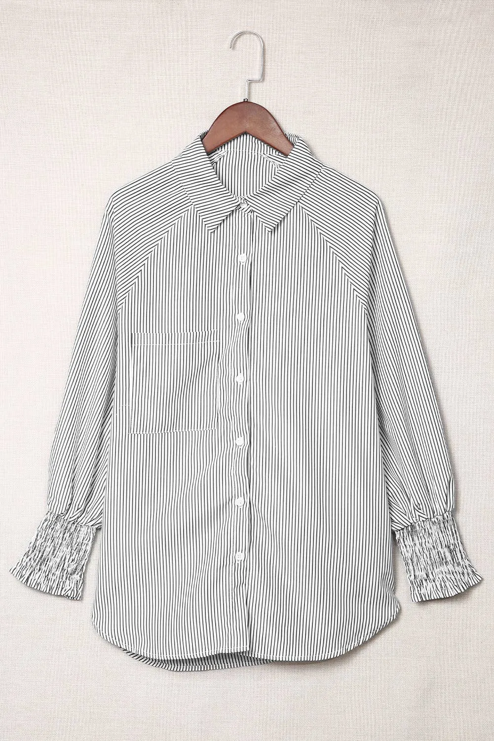 Natalie Smocked Cuffed Striped Boyfriend Shirt with Pocket
