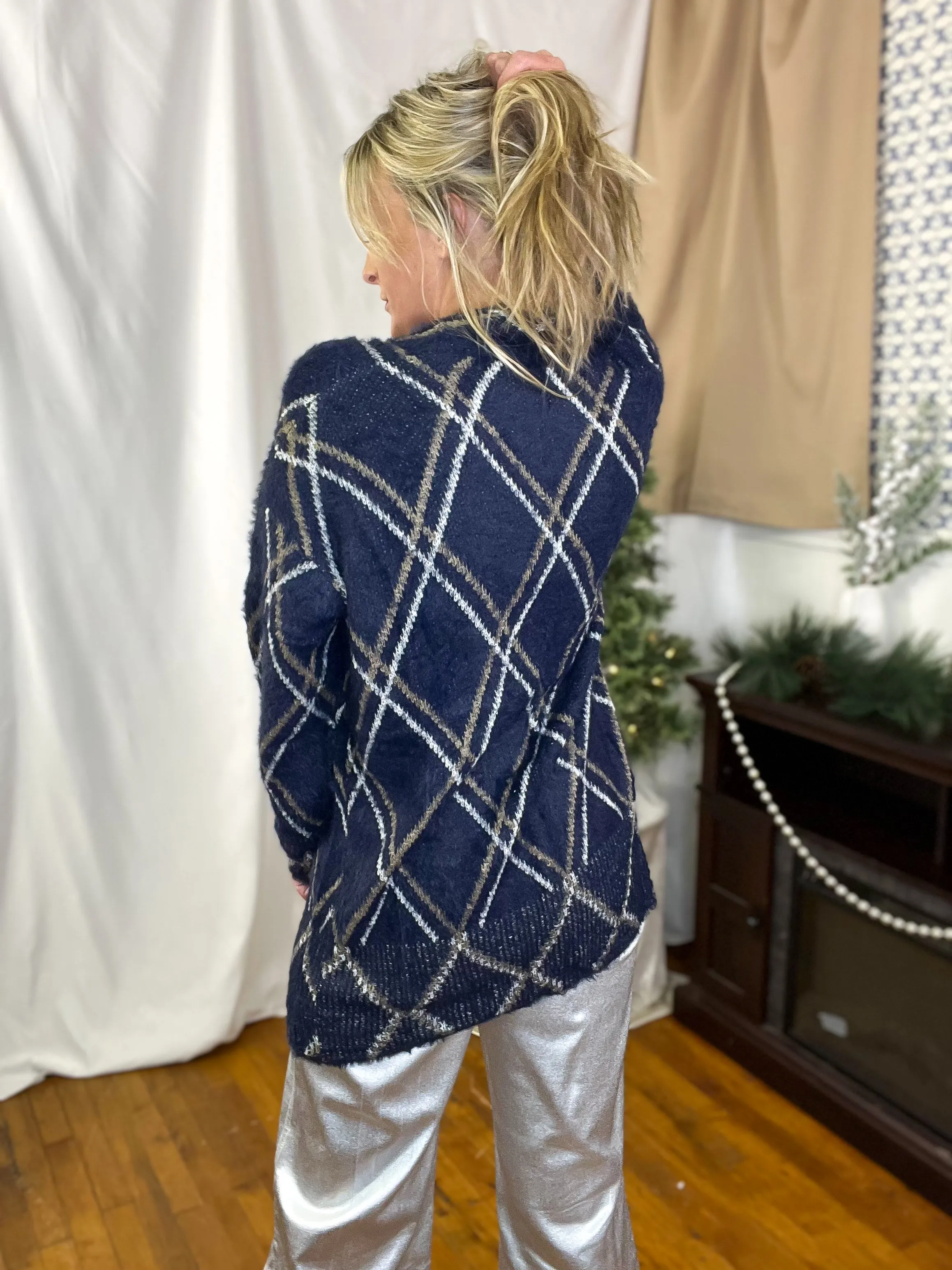 Navy Diamond Pattern Cozy Cardigan