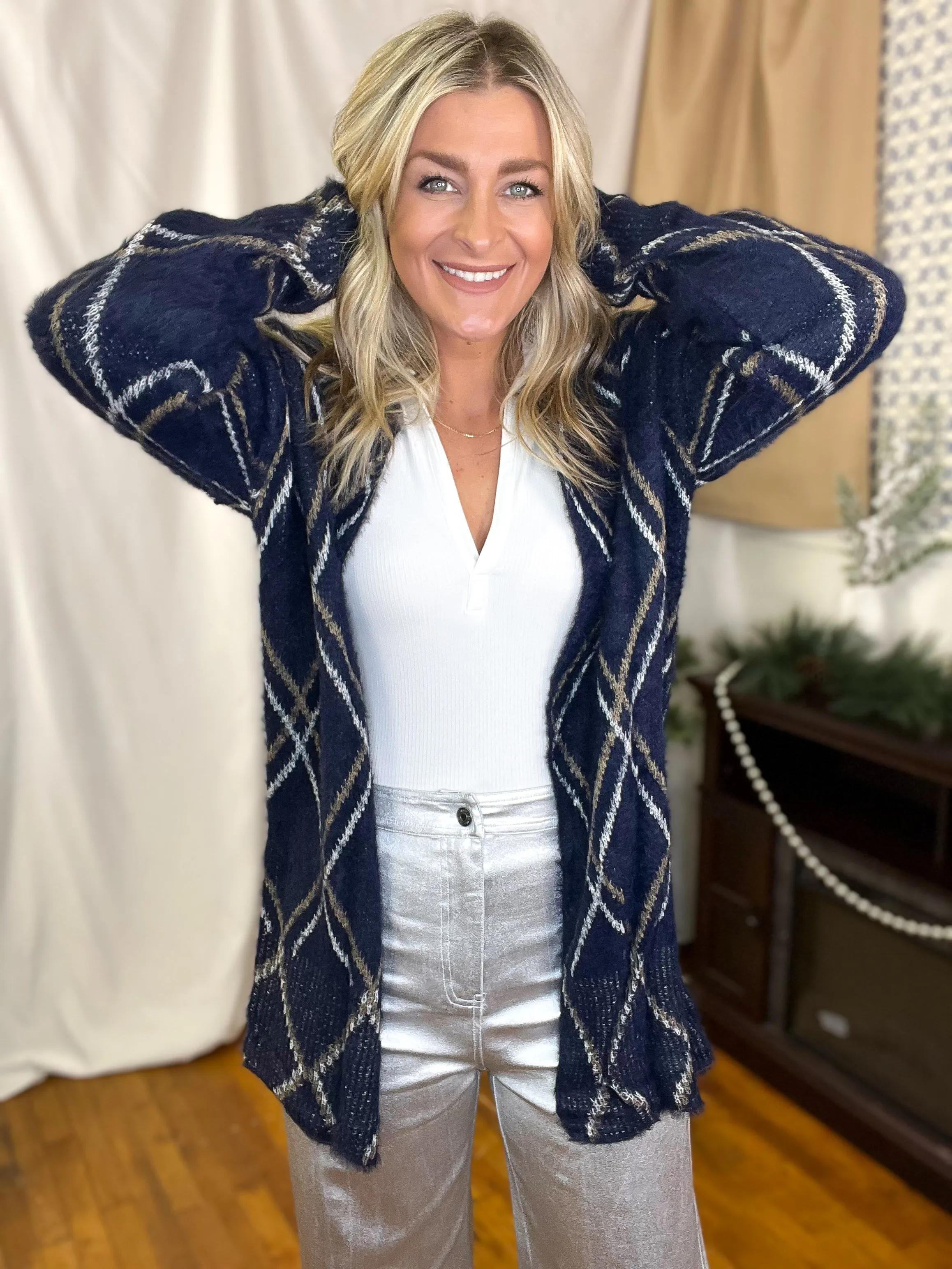 Navy Diamond Pattern Cozy Cardigan