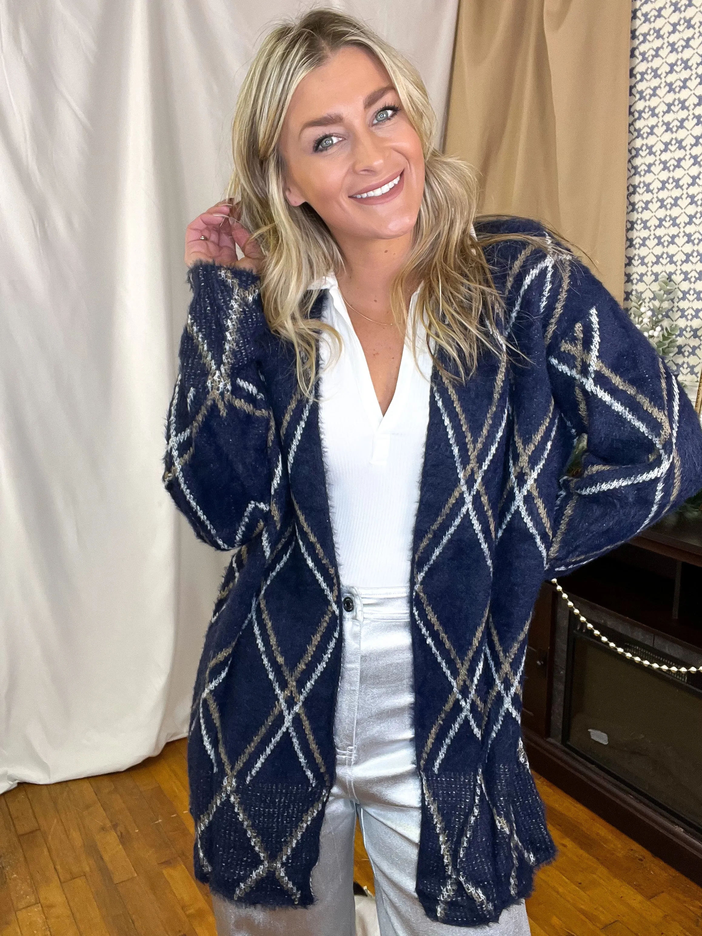 Navy Diamond Pattern Cozy Cardigan