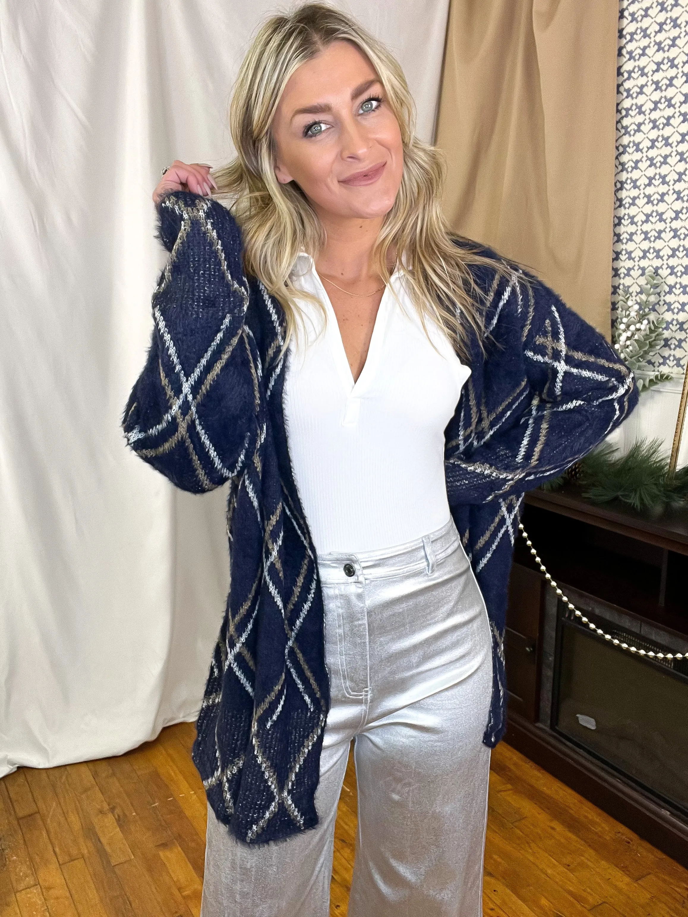 Navy Diamond Pattern Cozy Cardigan