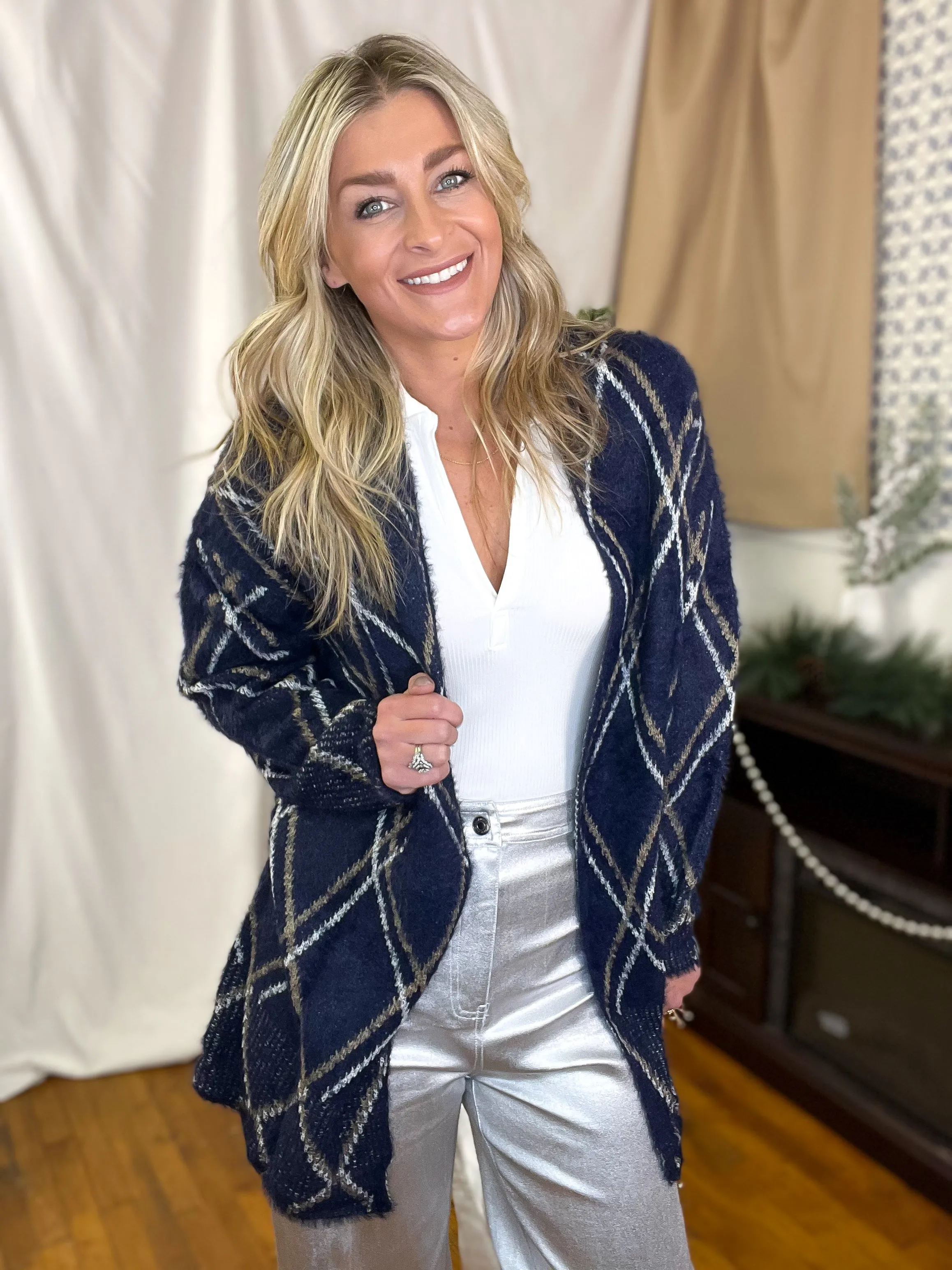 Navy Diamond Pattern Cozy Cardigan