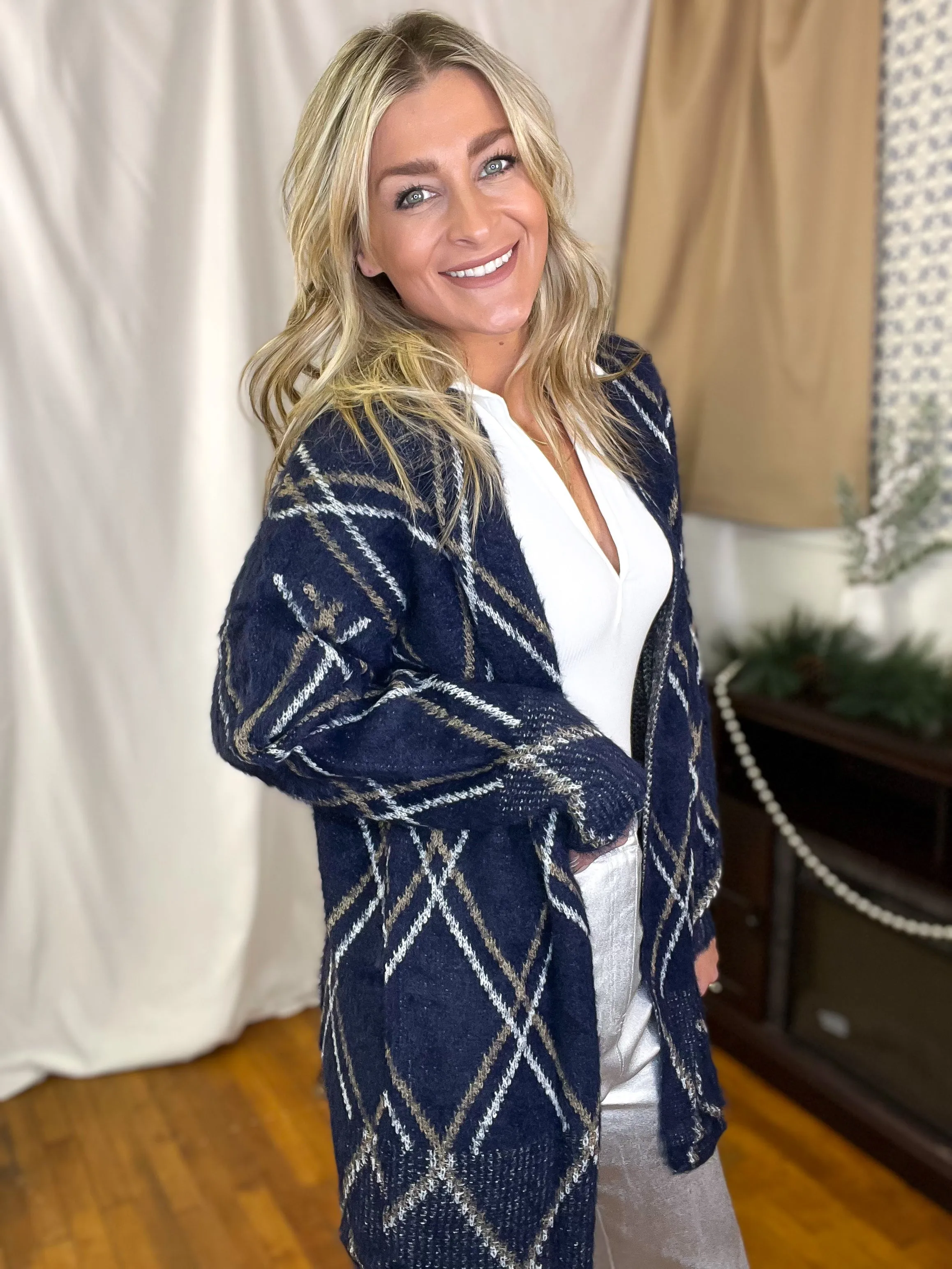 Navy Diamond Pattern Cozy Cardigan