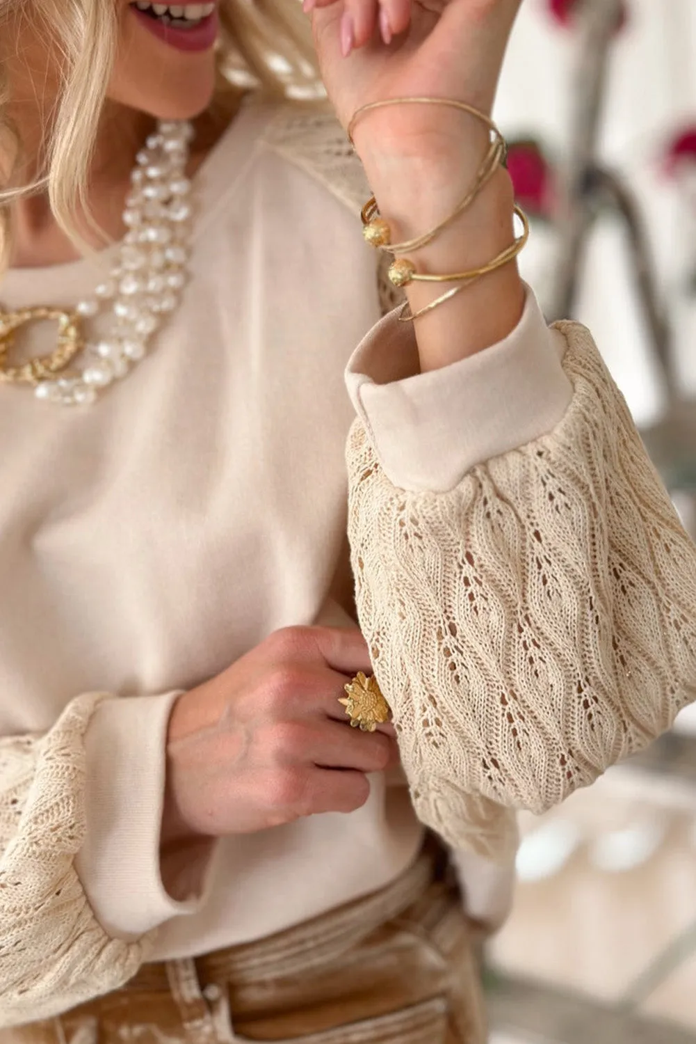 Parchment Eyelet Knit Patchwork Raglan Sleeve Pullover Top