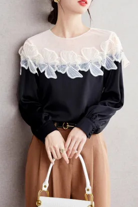 Patchwork Tunic Shirt Print Round Neck Blouse