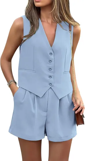 PRETTYGARDEN Women Summer 2 Piece Outfits V Neck Sleeveless Button Down Vest Shorts Sets Business Work Matching Set 2025