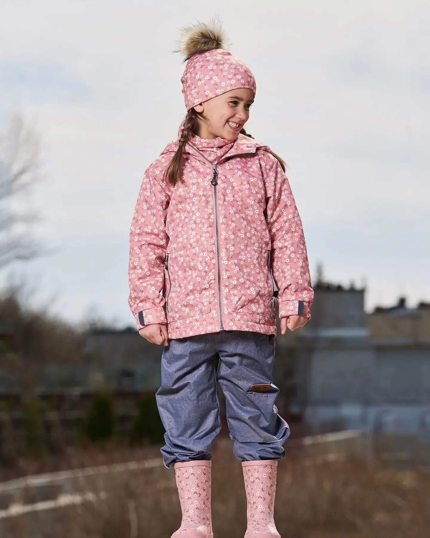 Printed Jacket Two-Piece Mid-Season Outerwear Set Small White Flowers On Pale Pink And Gray