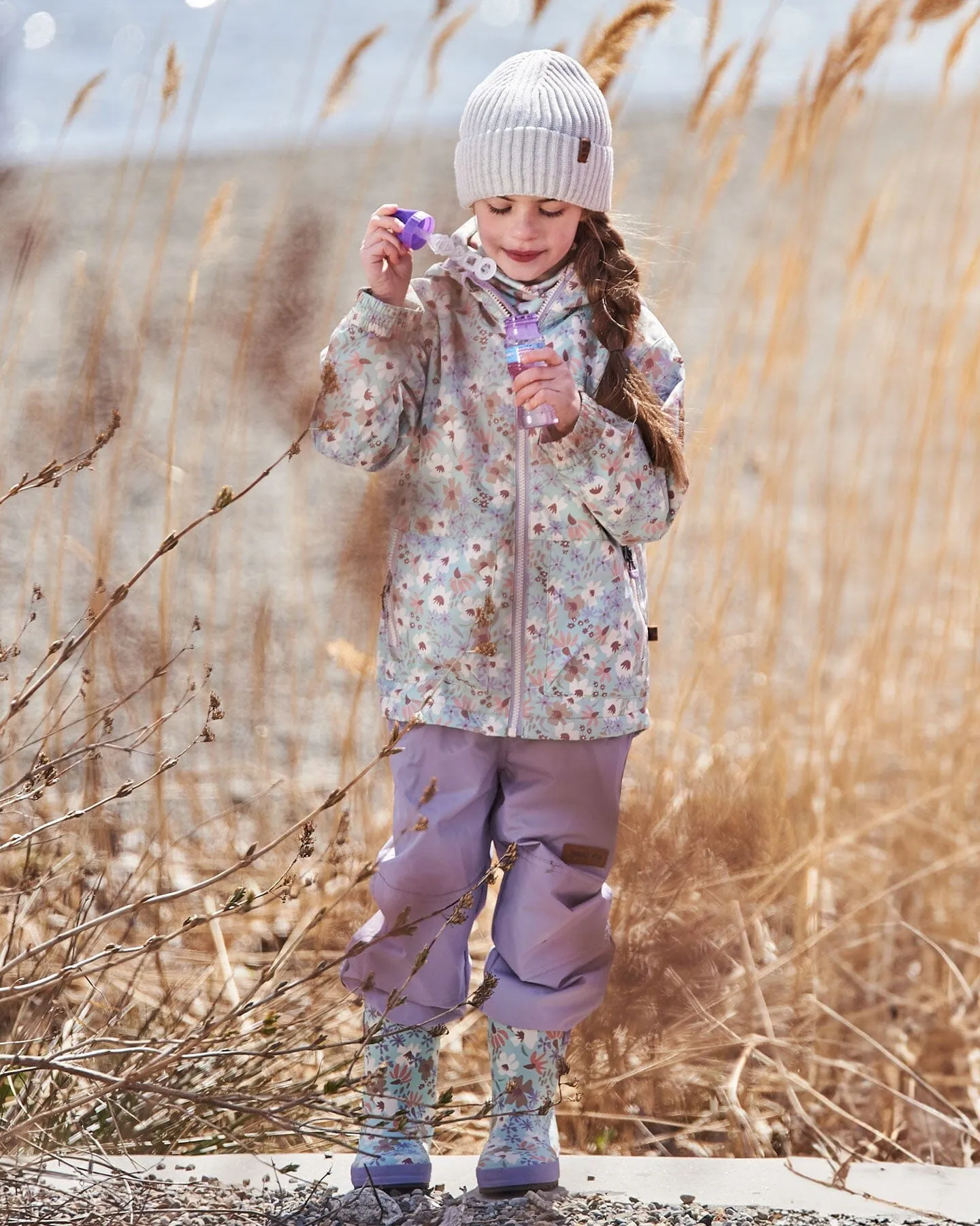 Printed Jacket Two-Piece Mid-Season Outerwear Set Small White Flowers On Turquoise And Lilac.