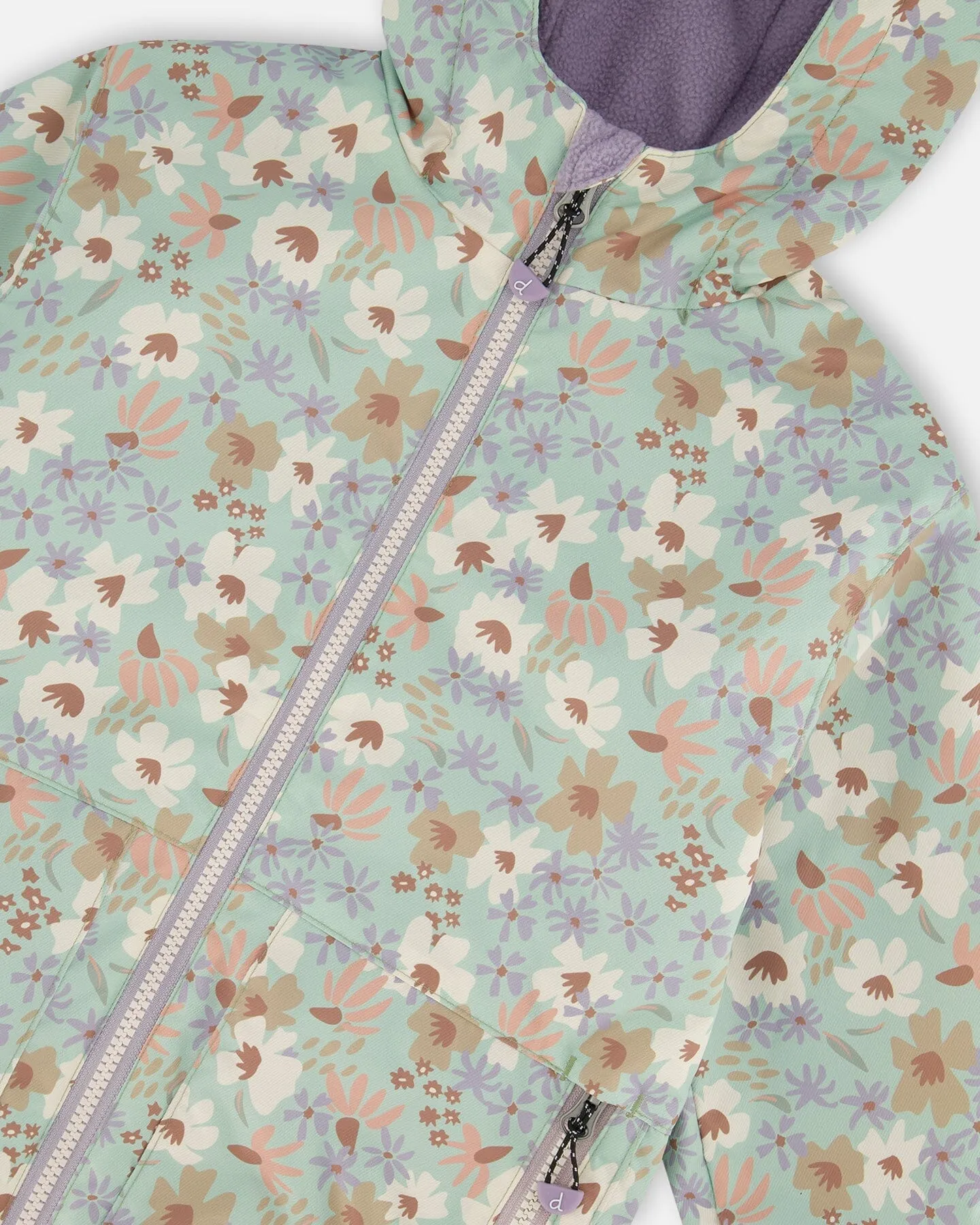 Printed Jacket Two-Piece Mid-Season Outerwear Set Small White Flowers On Turquoise And Lilac.