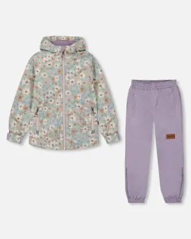 Printed Jacket Two-Piece Mid-Season Outerwear Set Small White Flowers On Turquoise And Lilac.
