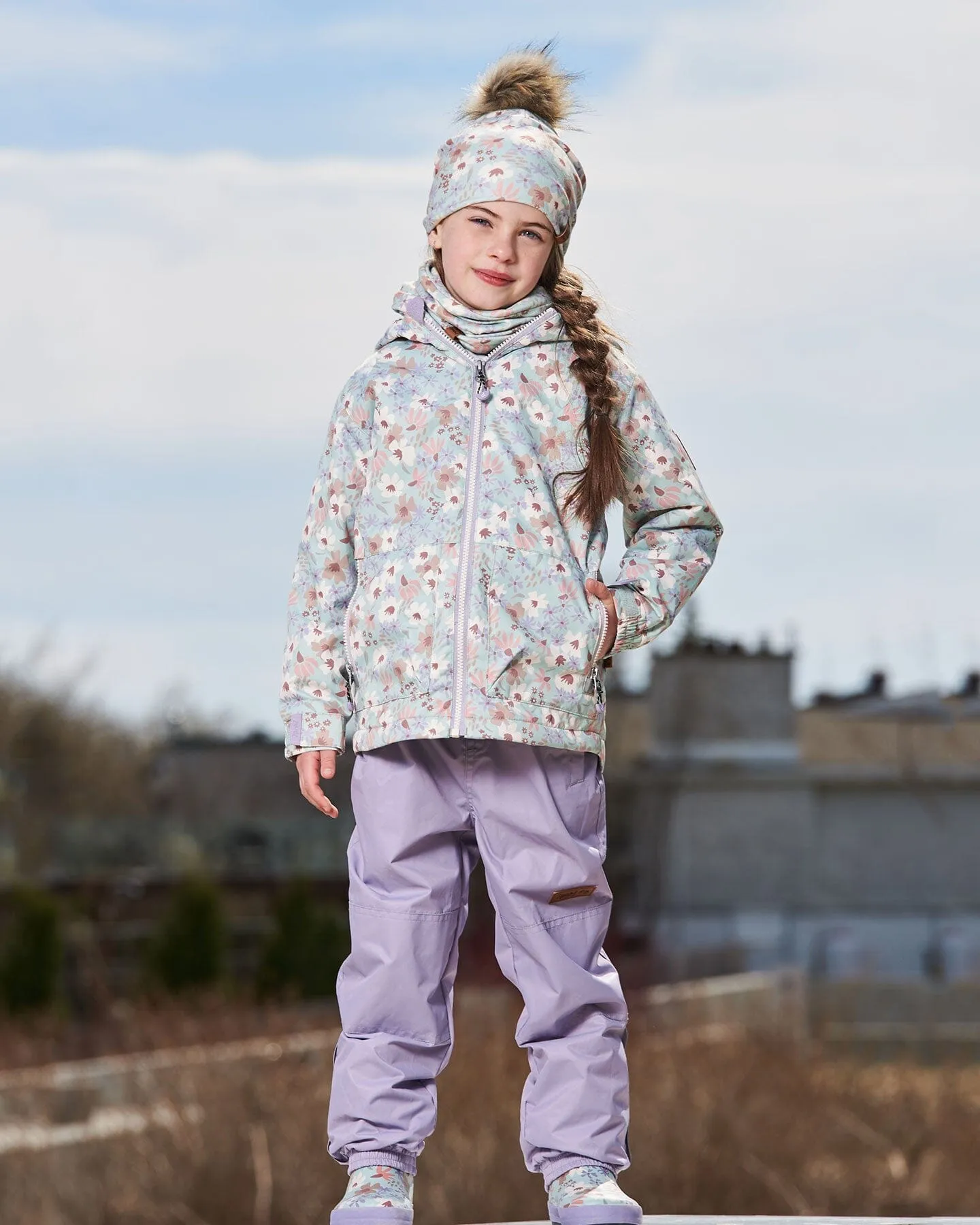 Printed Jacket Two-Piece Mid-Season Outerwear Set Small White Flowers On Turquoise And Lilac.